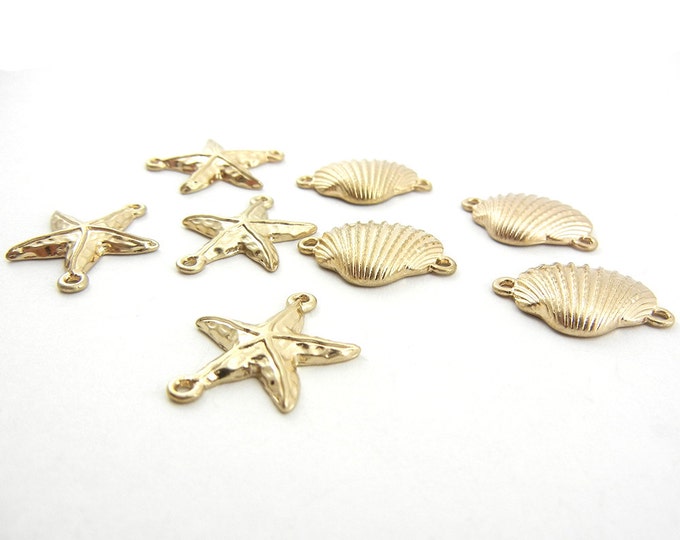 9 Small Marine Shell and Starfish Charms Double Link Gold-tone