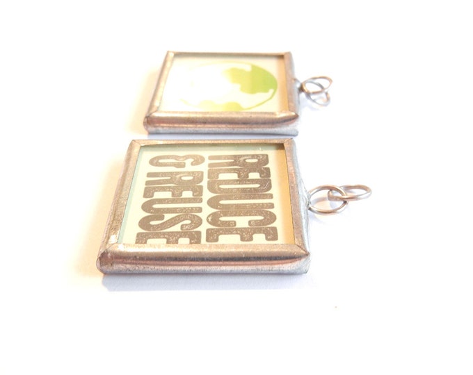 1 Pendant: Reduce & Reuse with Earth Image Charm in Metal Frame Under Glass Recycle