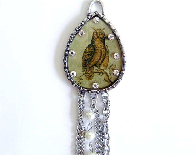 Owl Pendant with Silver-tone Chain and Faux Pearl Dangles Rhinestone Accents