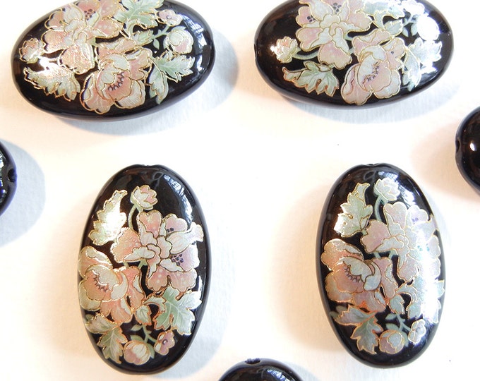 7 Large Acrylic Black Oval Flower Beads Two-sided