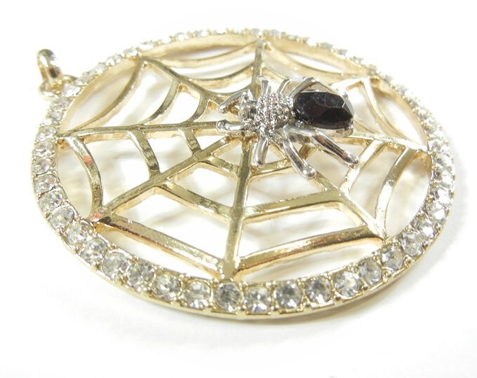 Large Round Spider Web Pendant Silver-tone Spider Rhinestone Edge Pendant