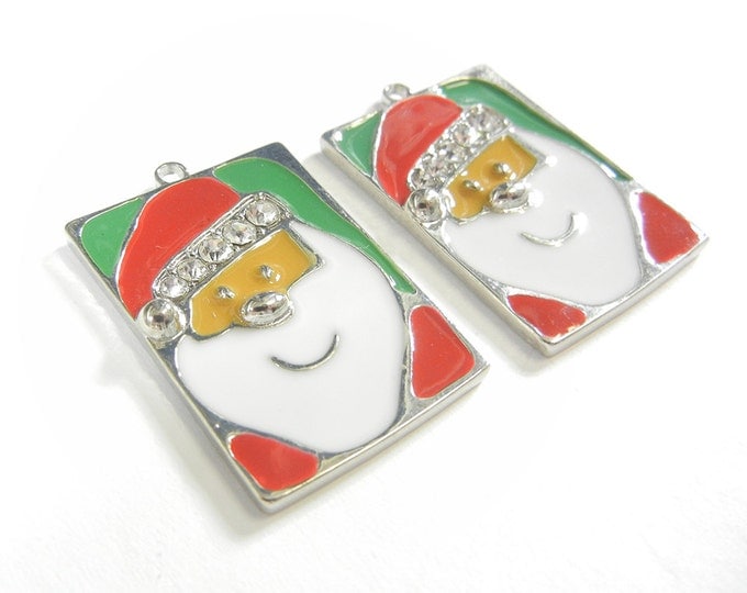 Pair of Santa Head Charms Rectangular with Rhinestones and Red and Green Epoxy