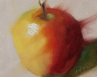 Small Original Oil Painting, Red and Yellow Apple, 4 x 4 x 1.5" Frame Not Needed, Wall Art, Kitchen Art