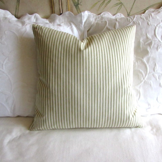 FRENCH TICKING pillow cover green white 16x16 18x18 20x20