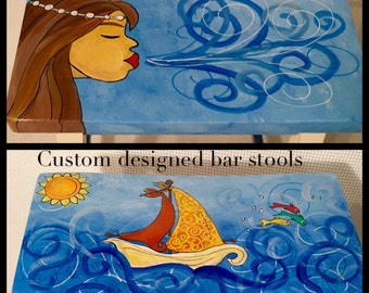 Whimsical painted bar stool, custom bar stool, nautical stool, painted furniture