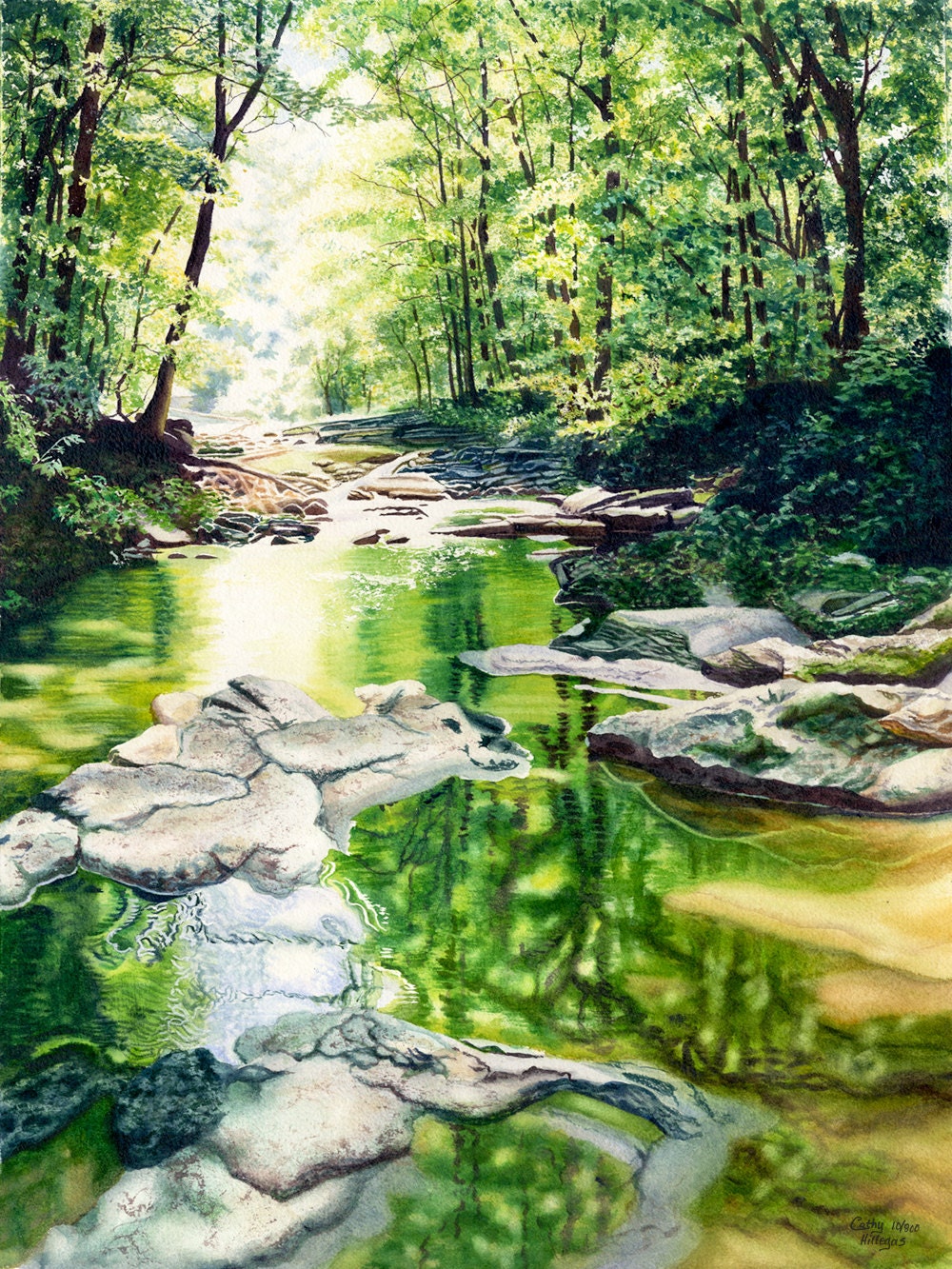 Creek Watercolor Landscape Painting Print by Cathy Hillegas