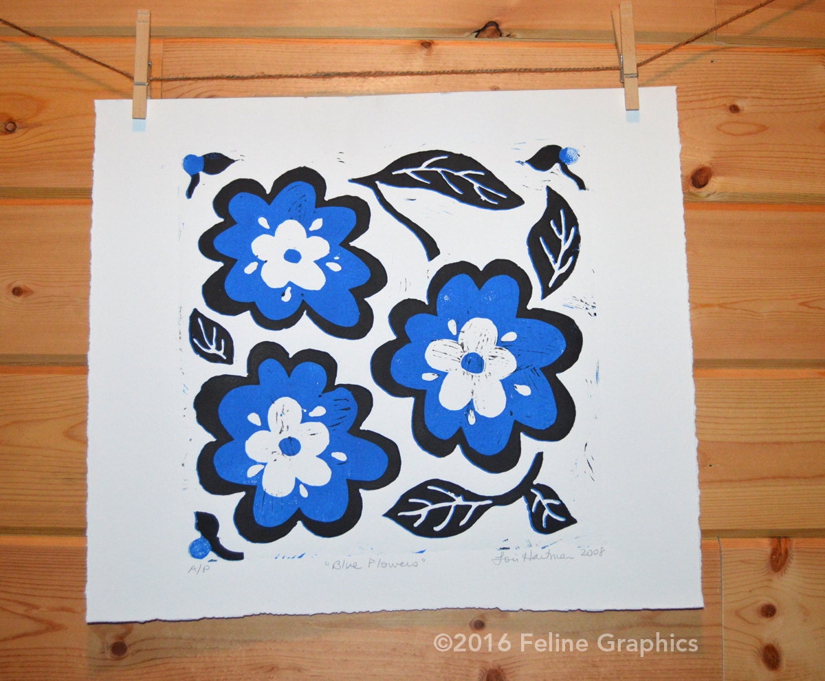 Blue Flower Linoleum Block Print