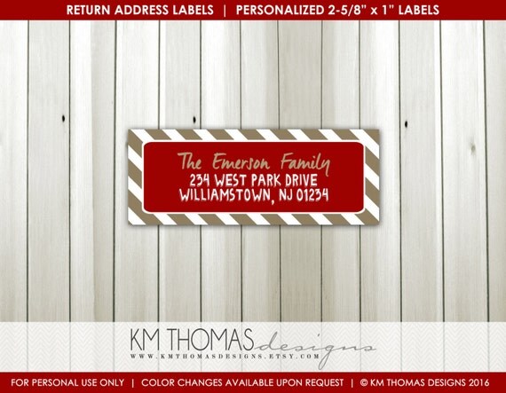Return Address Label - Printable Return Address Sticker - Rectangular Label - Personalized Label - Peppermint Stripes - Tan Red - WH114 Il_570xn
