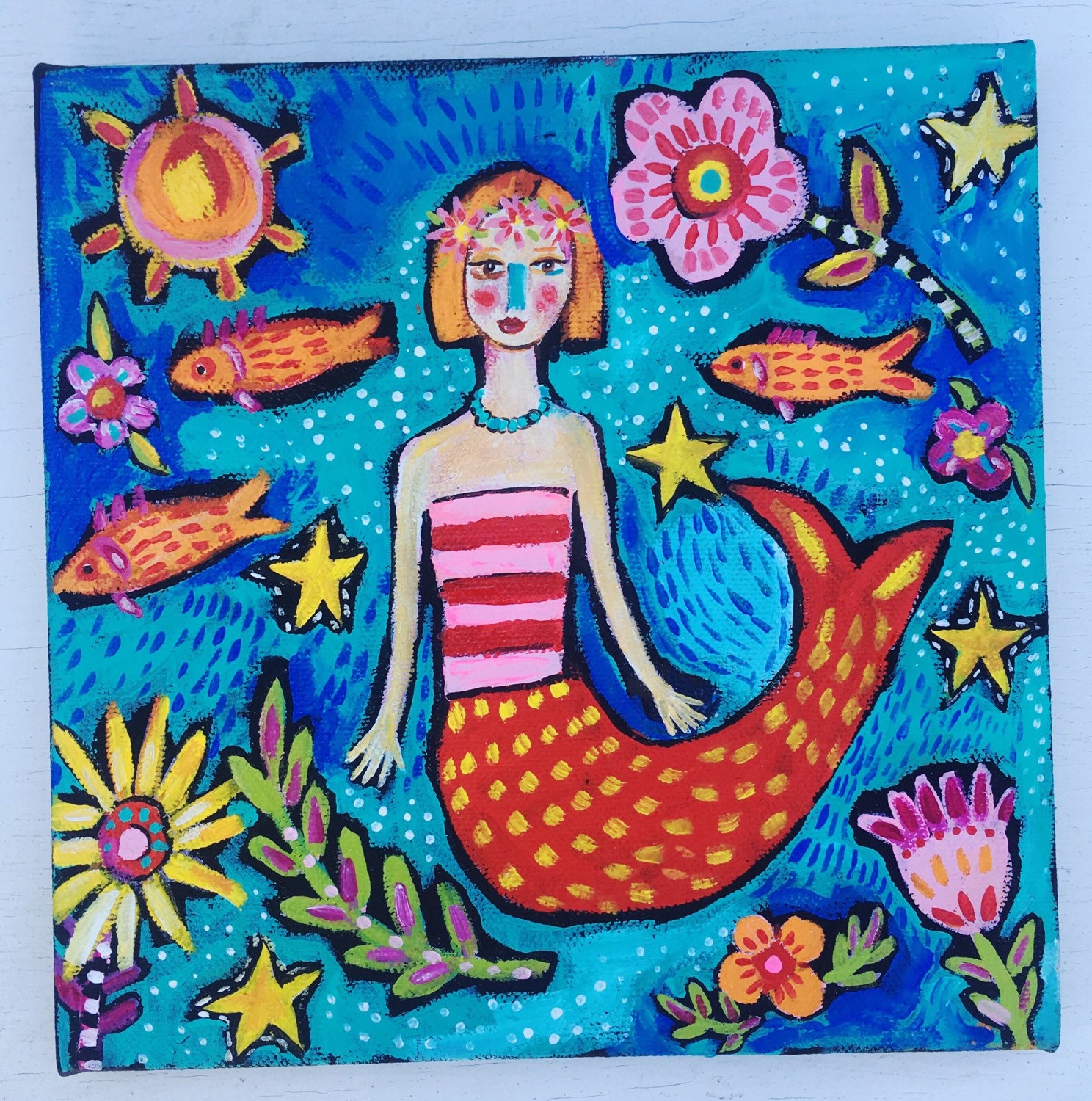 Small folk art mermaid painting on canvas ready to hang