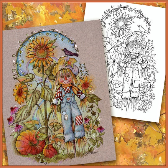 Autumn Fall Coloring Book Page Boho Scarecrow Pumpkins Sunflower - Digital Download 3 Versions ...