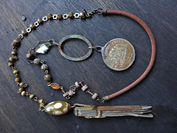 Otiose. Olive found-object lariat. Artisan assemblage jewelry, rustic victorian tribal necklace.