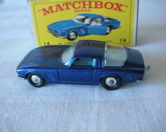 Vintage 1968 LESNEY Matchbox Series #14 "Iso Grifo" Blue Diecast Sports Car in Original Box Made in England by Lesney