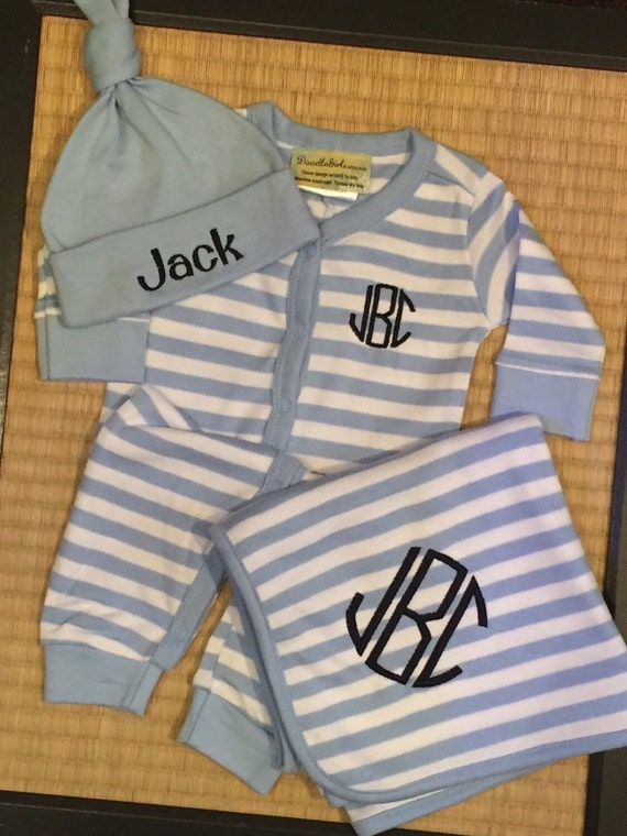 3 Piece Striped Monogrammed Baby Boy Gift Set. Baby Boy Gift Set.