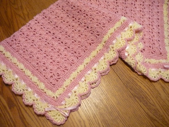 Crochet Baby Blanket Pink with Ivory Lace Trim Christening