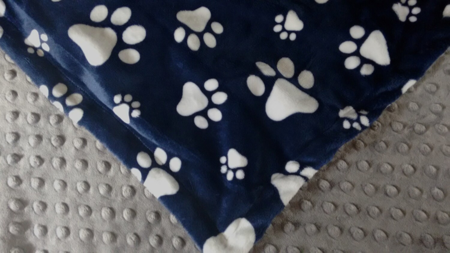 SALE Navy Blue and White Paw Print Minky Blanket Navy Blue