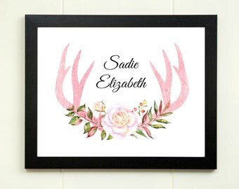 Personalized Boho Tribal Nursery Print, Boho Nursery, Custom Name Print, Baby Girl Nursery Wall Art, Deer Antler Print, Kids Room Decor