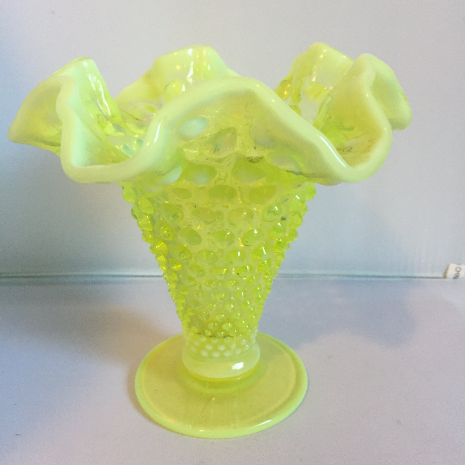 Topaz Opalescent Hobnail Fenton Vase Vintage 1940s Yellow