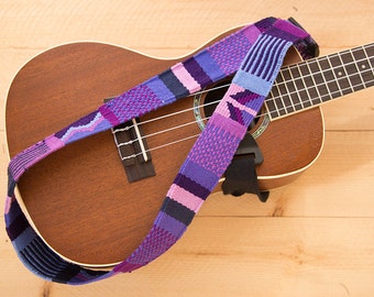 Ukulele Strap or Classical Guitar Strap- Shades of Purple Mayan Woven Trim, Adjustable neck style sling strap, Guatemala, tribal, hippie