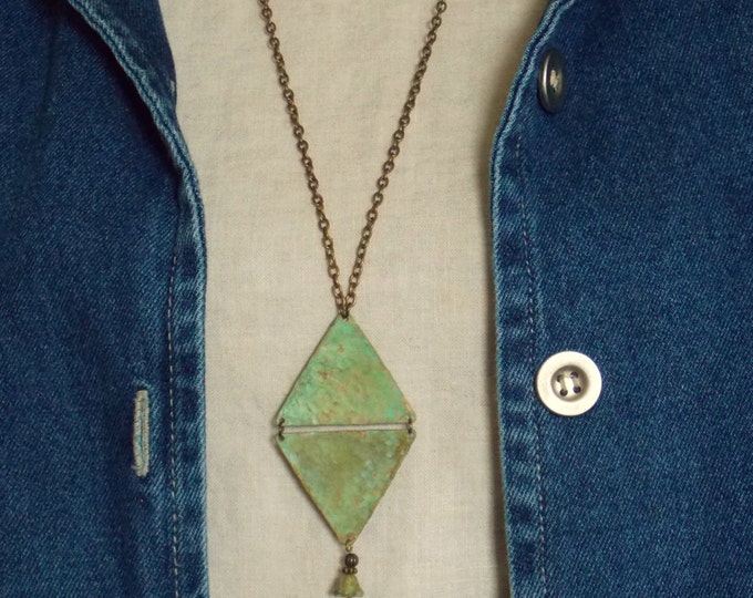 Triangle Necklace Rustic Brass Patina Greens Golds Turquoise Boho Jewelry Textured Hammered Triangles Geometric Jewelry