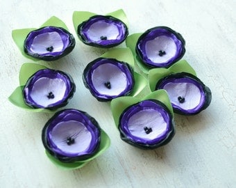 Fabric flower appliques, flower embellishments, floral supplies bulk, fabric flowers for DIY crafts (5 pcs) - PURPLE and BLACK With Leaves