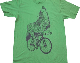 Wolf on a Bicycle - Mens T Shirt, Unisex Tee, Cotton Tee, Handmade graphic tee, Bicycle shirt, Bike Tee, sizes xs-xxl