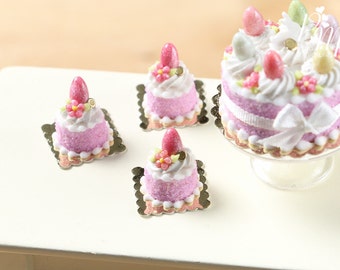 Easter Individual Pastry (Genoise) Decorated with Candy Egg and Blossom - Pink - Miniature Food in 12th Scale for Dollhouse