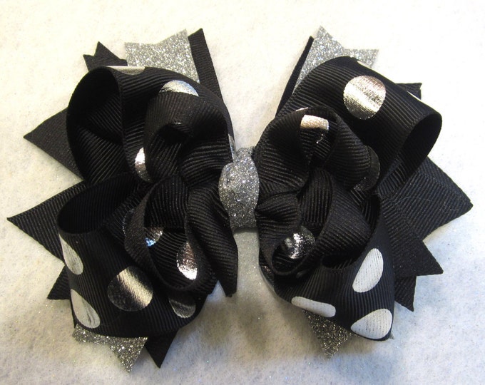 Silver Hair Bow, Silver Hairbow, Black Boutique Bow, Black Glitter Bow, Silver Foiled Bow, Black and Silver Bow, Girls Bow, Boutique Hairbow