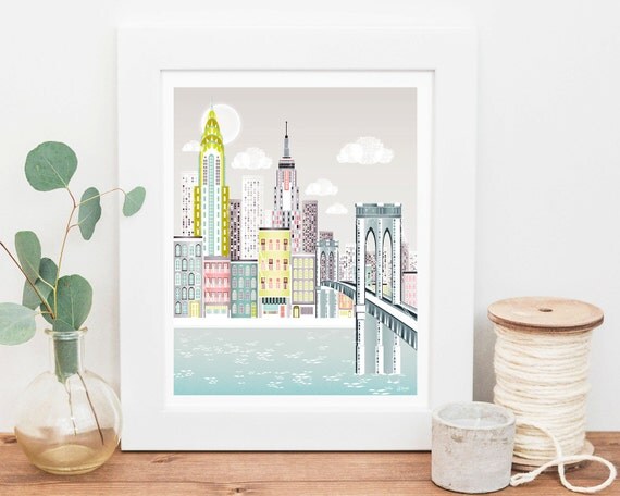 New York Print Brooklyn Bridge Skyline Wall Art by lauraamiss
