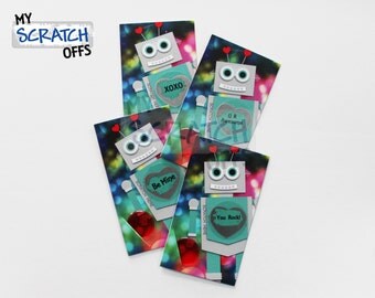 Valentine Scratch Off Card Kit- (25 cards) Robot Kids Classroom Valentine DIY Scratch Off Labels and Envelopes