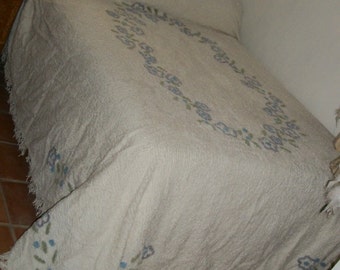 1940s Vintage White Cotton Chenille Bedspread Queen Size Fringe Floral Made in India Exec Cond