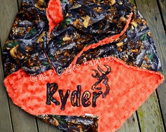 Camo Baby Blanket,Orange Minky, Personalize,Applique,Browning,Buck Head,Baby Boy Blanket,Minky Blanket,Crib Blanket,Camo Baby Bedding