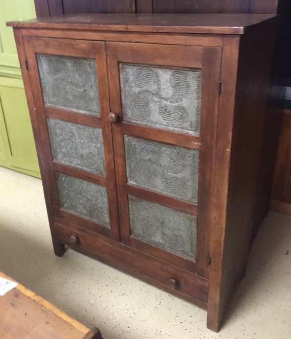 Antique Walnut Pie Safe 6 Swirl Tins 42w17d52h Bottom by ptgallery