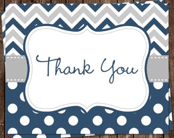 Baby Shower, Thank You Cards, Boys, Navy Blue, Chevron, Gray, Stripes, Polka Dots, Sprinkle, 24 Folding Notes, FREE Shipping, Printed, CSDNY