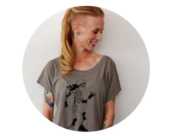 Dolman Blouse, Roller Derby Shirt, Screenprinted Ladies Clothing, Trendy Oversized Style, Hand Printed, Taupe, Grey, Roller Skating Skeleton