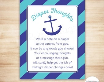 Anchor Diaper Thoughts Game - Late Night Diaper Game - Nautical Boy Baby Shower Game - Navy, Turquoise Stripes - PRINTABLE, INSTANT DOWNLOAD