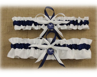 White and Navy Blue Satin Air Force Wedding Garter Set (Your Choice--Single or Set)