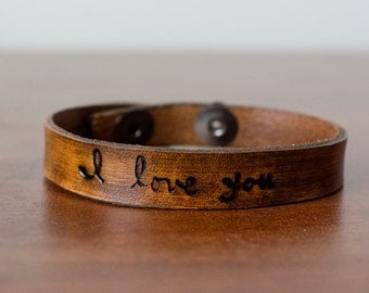 Skinny I Love You Leather Cuff with Adjustable Snap Closure