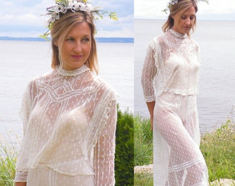 Edwardian Lace Dress, Antique Tea Dress, 1910s Downton Abbey Wedding Dress, Sheer Net Lace Dress, XXS