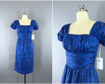 Vintage 1950s Dress / 50s Cocktail Party Dress / Blue Floral Print Dress / Jonathan Logan / Size Small S