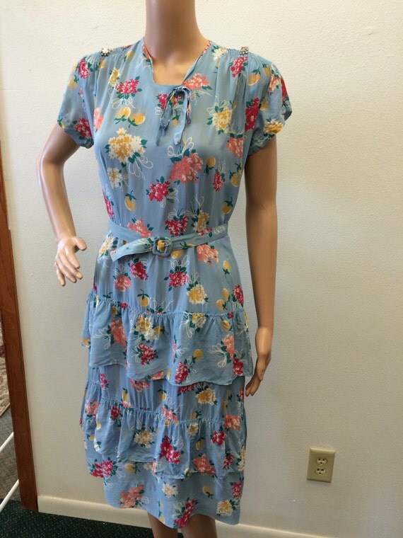 Vintage 40s Floral Print Blue Dress 1940s S XS La Grace