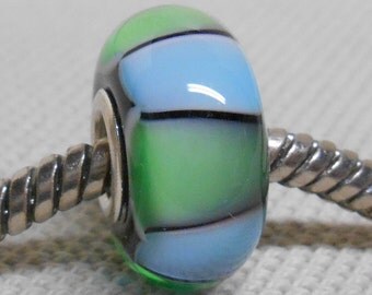 Black with Blue and Green Triangles Handmade Lampwork Bead Silver Cored Glass Bead Large Hole BHB