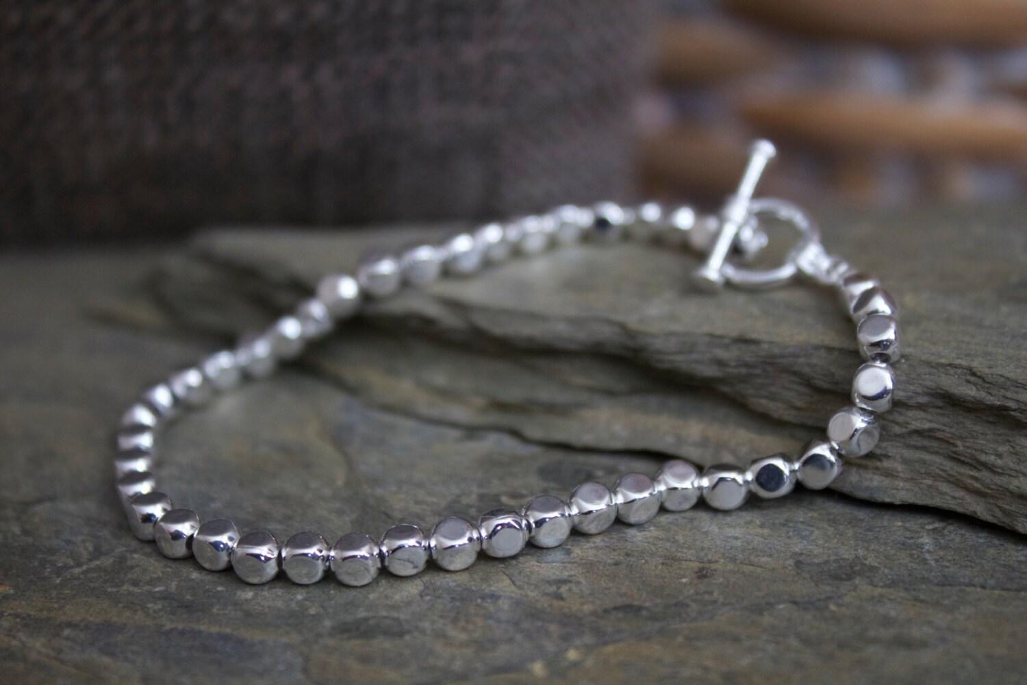 Silver beaded bracelet silver hammered beaded bracelet