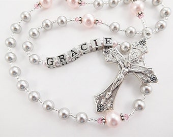 Gray and Pink Personalized Rosary - Baptism, First Communion, Confirmation Swarovski Crystals