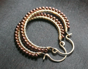 Copper brown beaded hoops, copper colored Toho glass seed beads, 14k gold filled, wire wrapped hoops, beaded hoops, Mimi Michele Jewelry