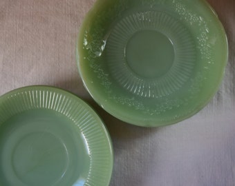 6 JADEITE PLATES Assorted Mid Century Green Jade Glass Plates Saucers Fire King Jadeite Glass Saucers Alice Pattern Scallop Edge Jadeite