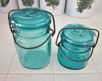 Vintage TWO Ball Ideal Wire Side Bicentennial Canning Jars, 1 Half Pint and 1 Pint Size - Country Kitchen - Collectable - Aqua Canning Jars
