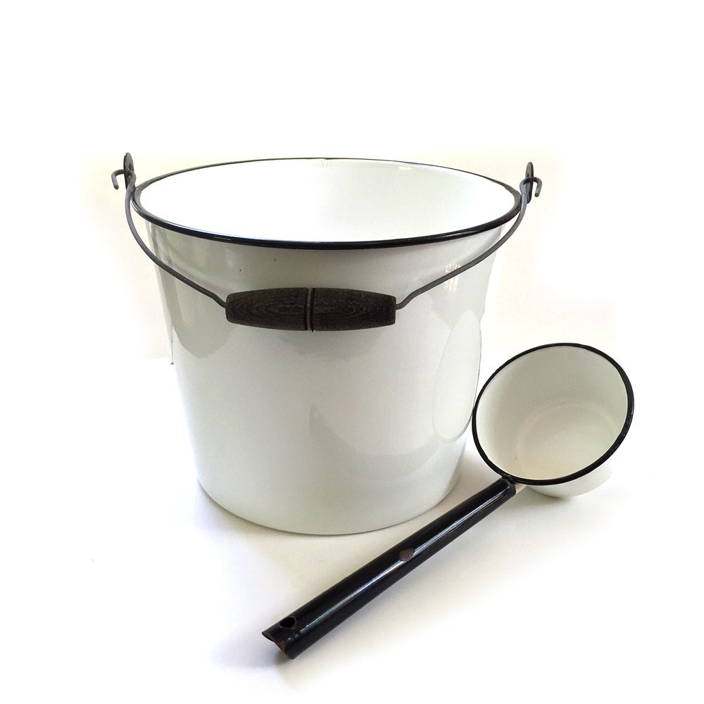 White Black Trim Enamelware Bucket Pail and Ladle Kitchen