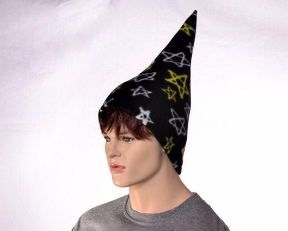 Black Wizard Hat With 5 Pointed Stars In White And Yellow Tall