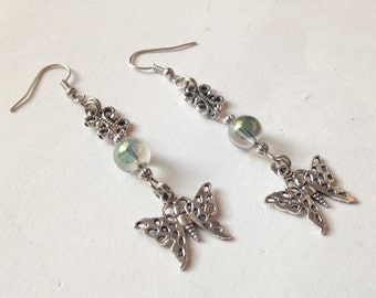 Silver Butterfly Light Green Colored Glass Dangle Earrings, Dangle earrings,Butterfly Earrings,Gift ideas,For Her,Fashion jewelry, Butterfly