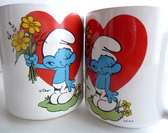 Smurf Ceramic Coffee Tea Mugs Cups Peyo 1987 Set of Two